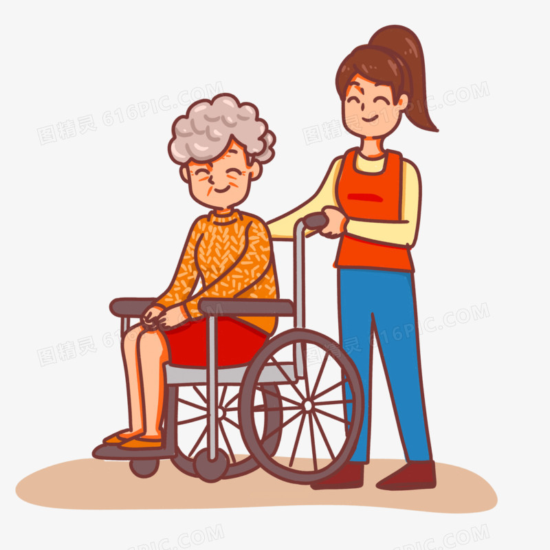 手绘卡通养老院生活推轮椅场景素材