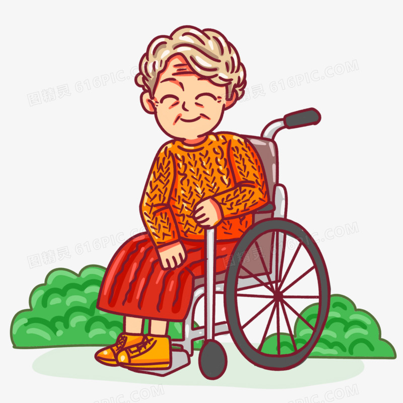 卡通手绘老人坐轮椅场景素材