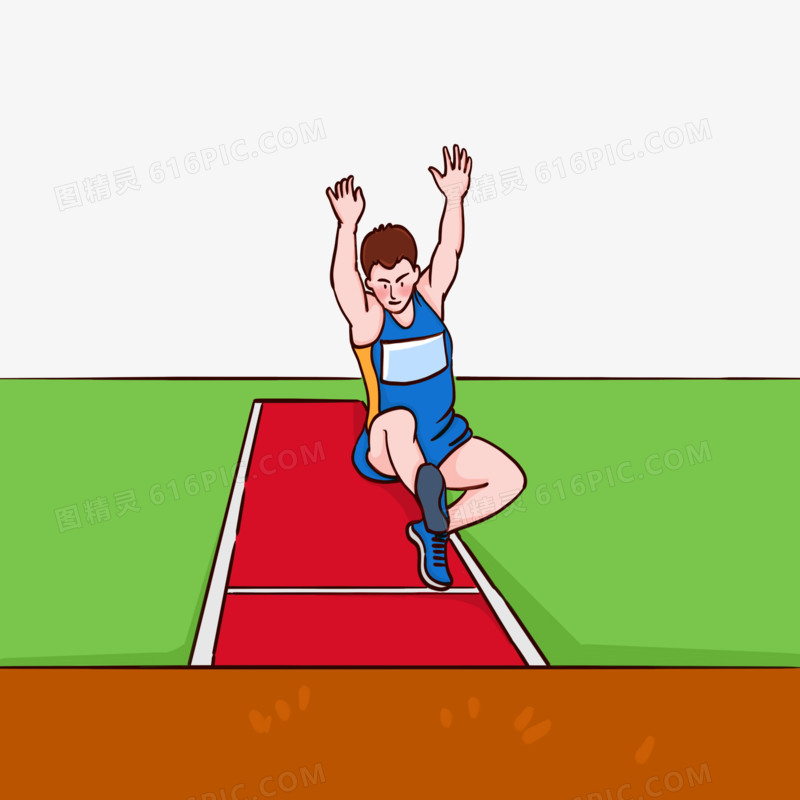 手绘卡通运动员跳远比赛场景免抠元素