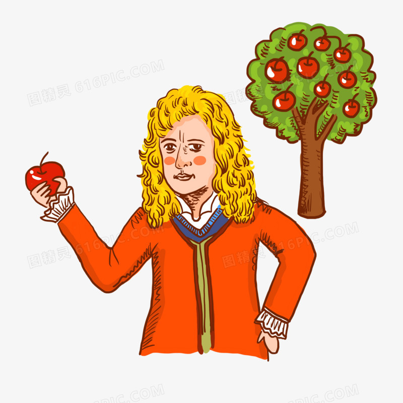 手绘卡通牛顿和苹果树免抠插画元素