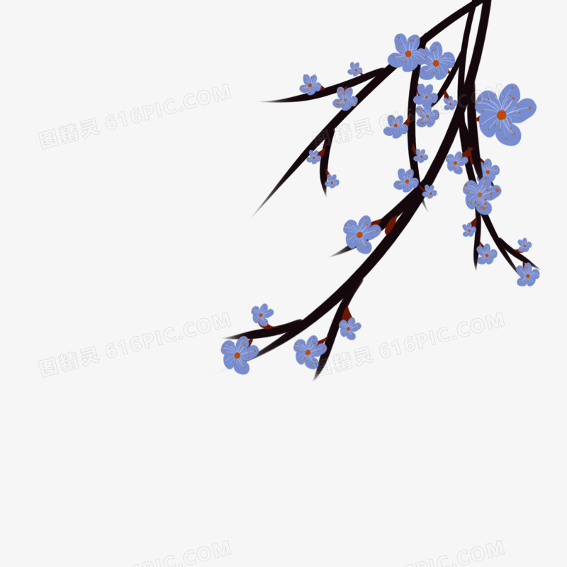 手绘蓝色花枝树枝装饰元素