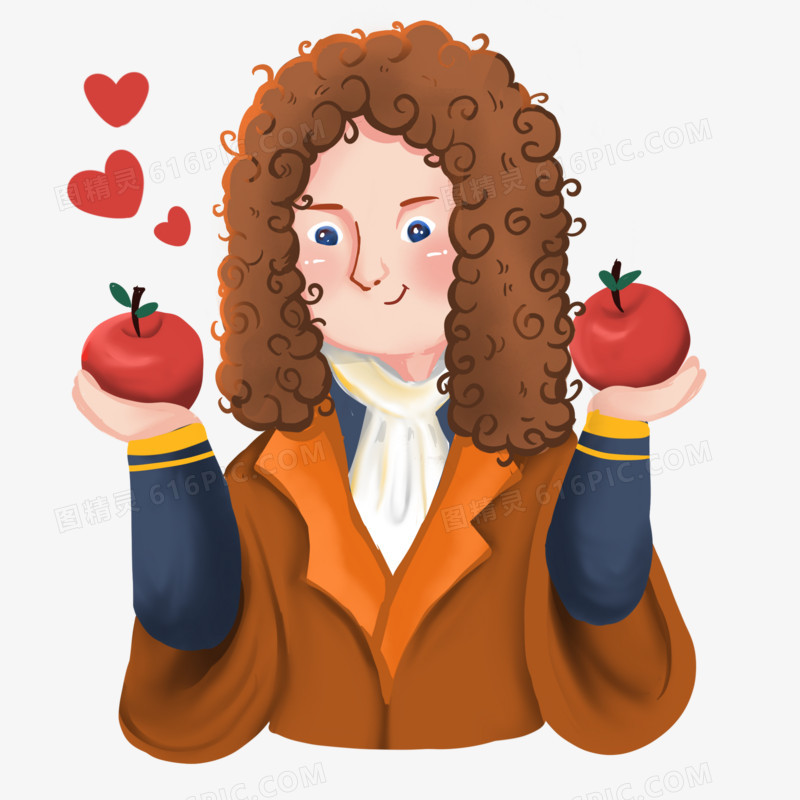 卡通手绘牛顿手拿苹果免抠元素