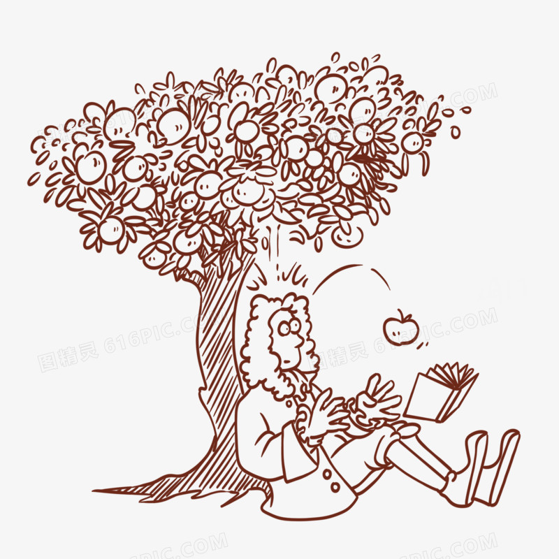 卡通手绘线稿苹果树下被砸的牛顿免抠元素