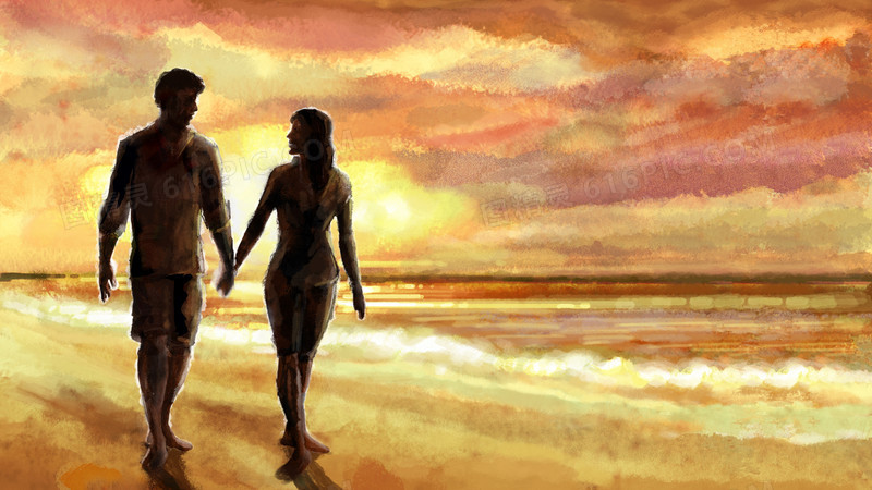 海边手牵手的情侣油画
