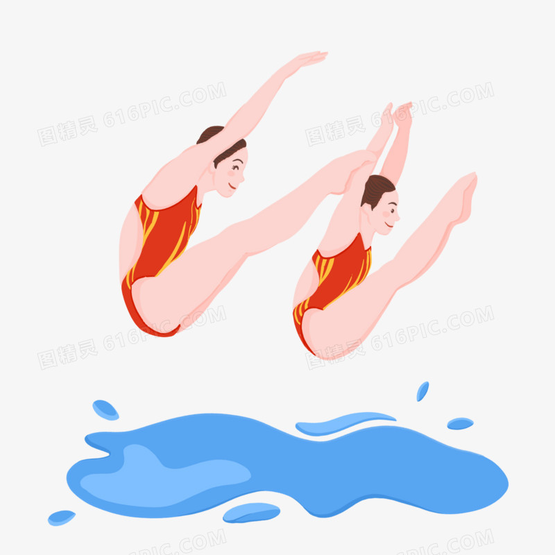 卡通手绘双人运动员跳水场景免抠元素