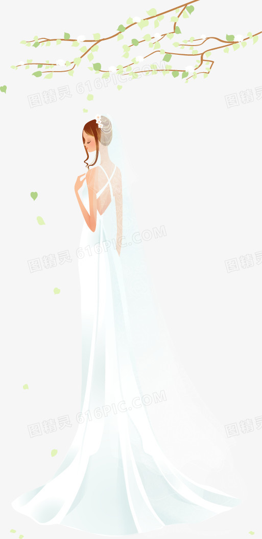洁白婚纱新娘和花枝矢量素材