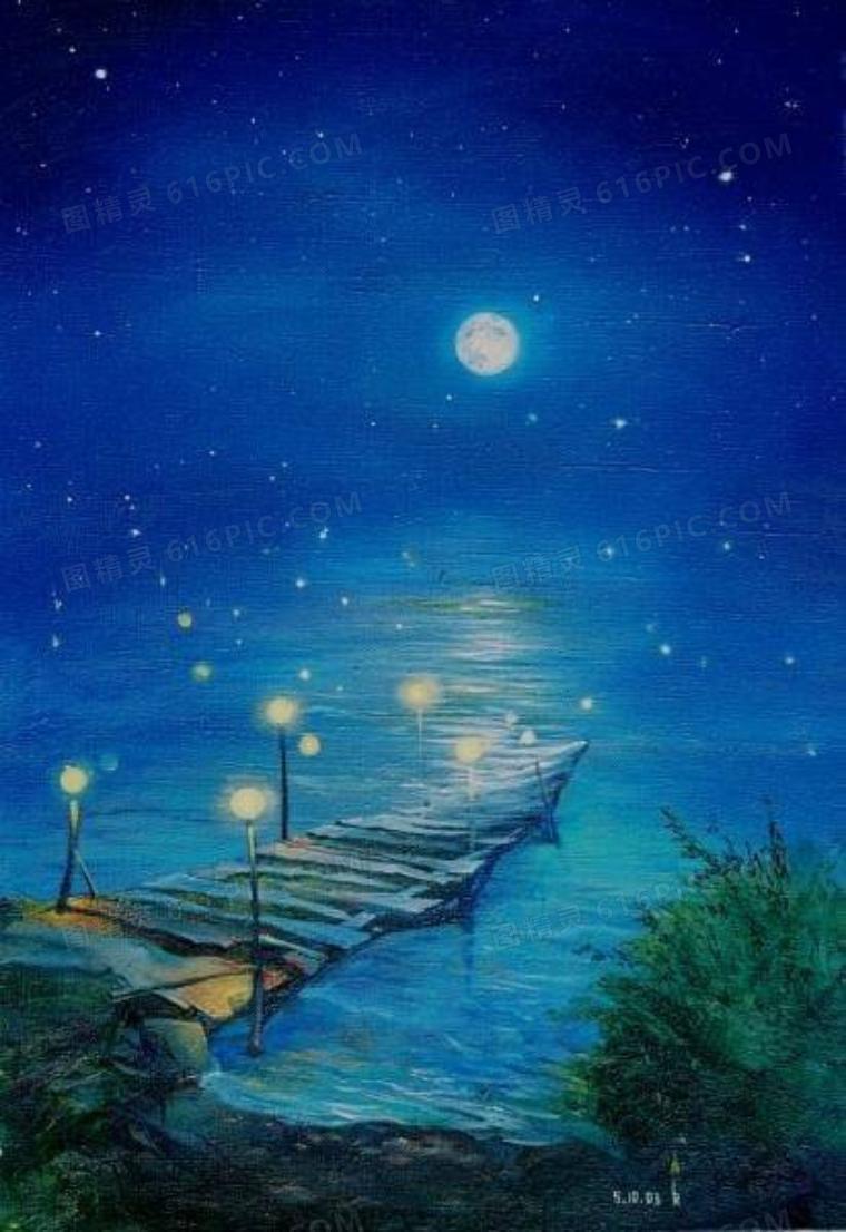 夜空月亮湖面海报背景