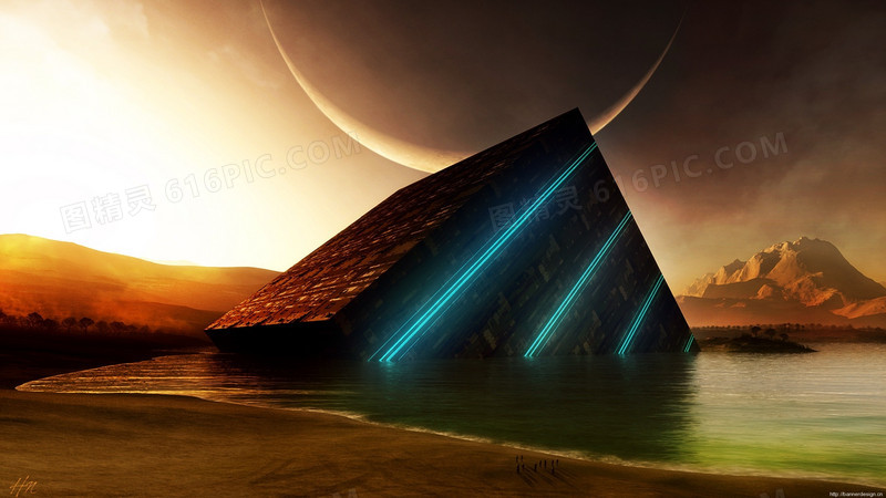 高科技黄昏水面三角形建筑海报背景
