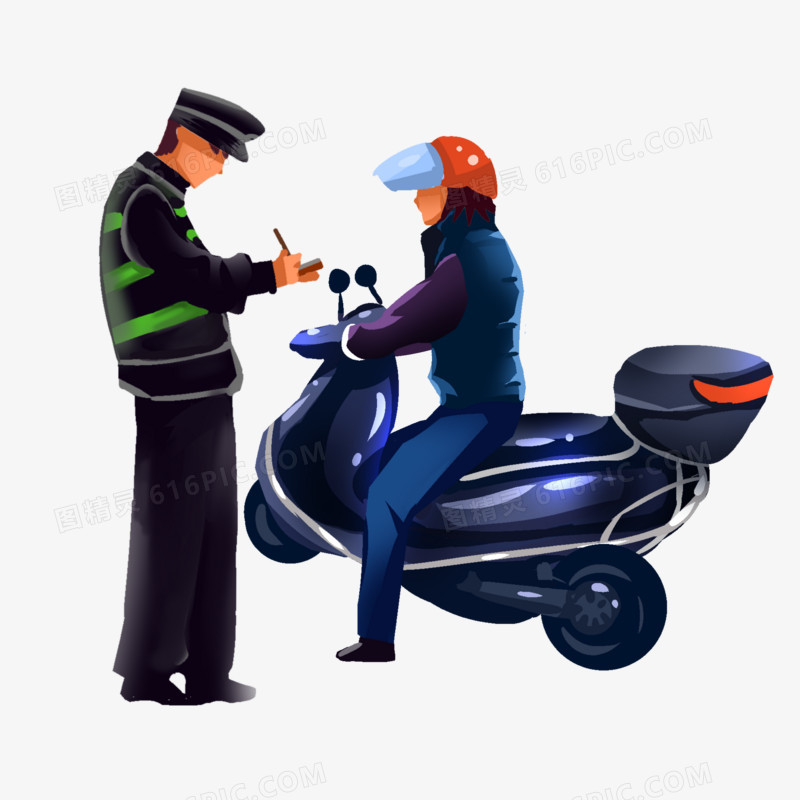 卡通手绘交警对骑摩托车的人开罚单元素