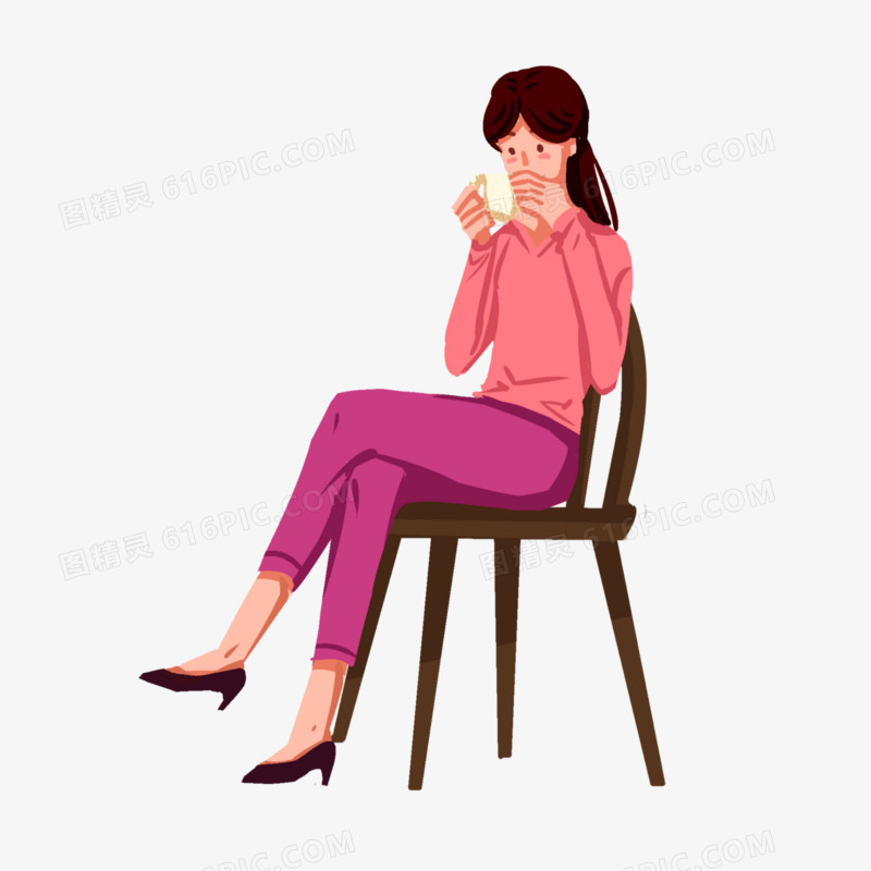 卡通手绘女生坐着喝茶免抠元素