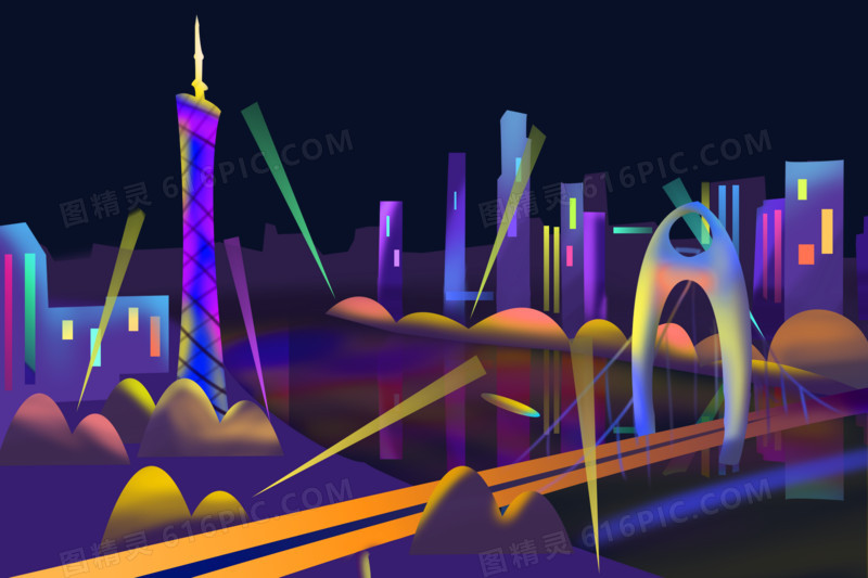 广州地标城市城市建筑群夜景插画元素