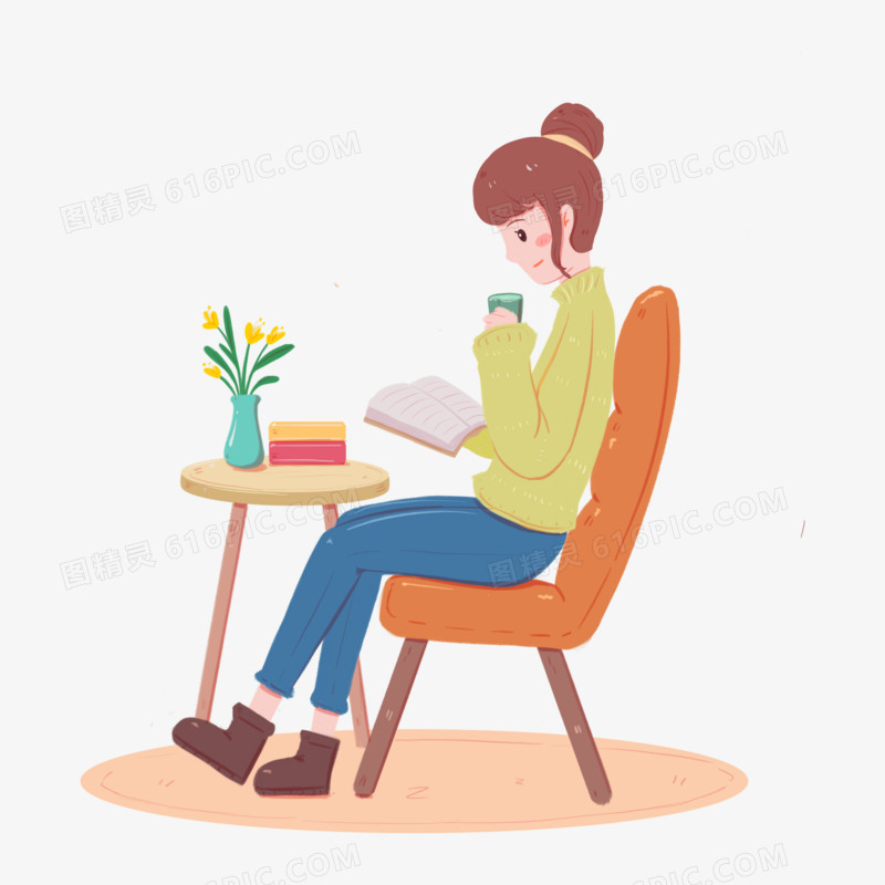 卡通手绘女生喝咖啡读书看书免抠元素