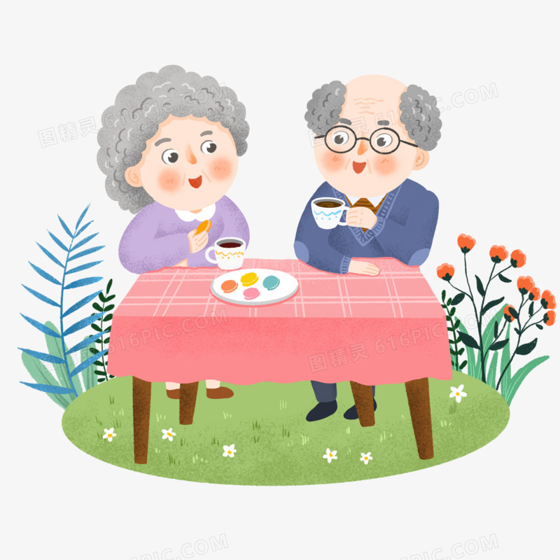 手绘卡通老爷爷老奶奶坐着喝茶插画元素