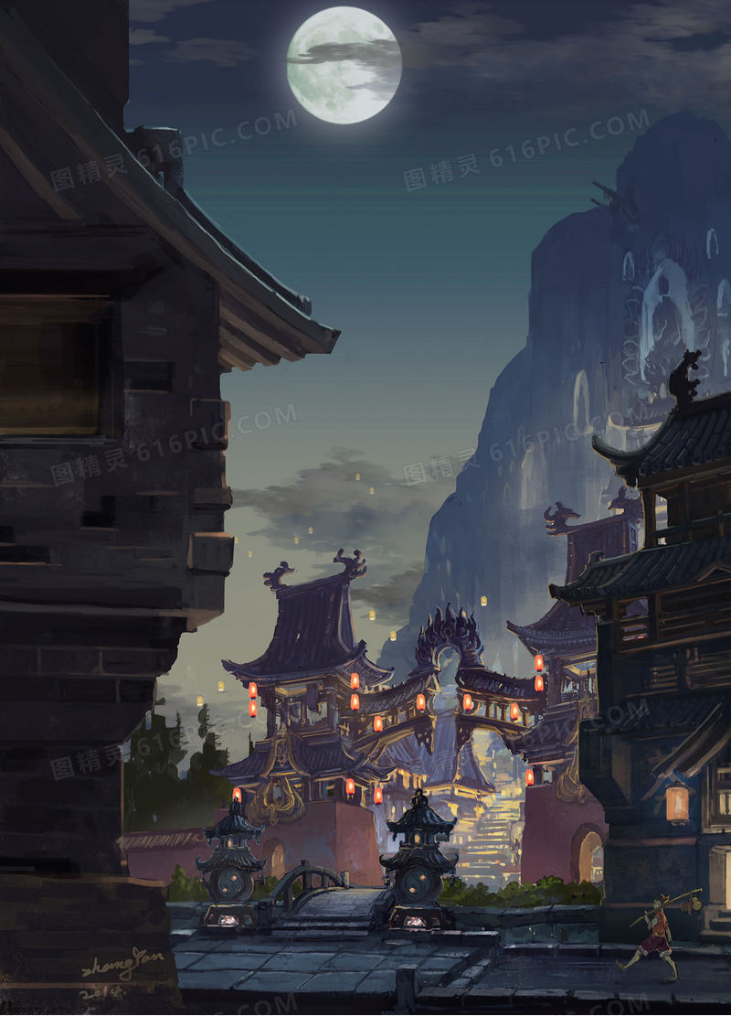 古风圆月图片素材