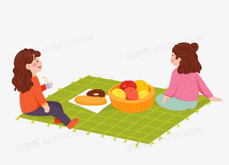 卡通手绘女孩们坐下野餐露营场景元素