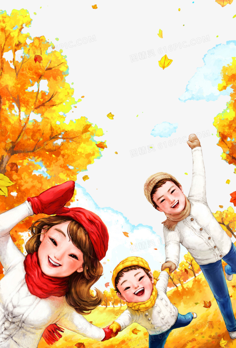 手绘卡通一家人秋天郊外游玩