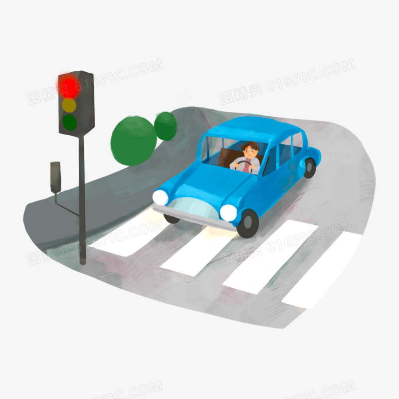 卡通手绘驾驶车辆禁止闯红灯免抠元素