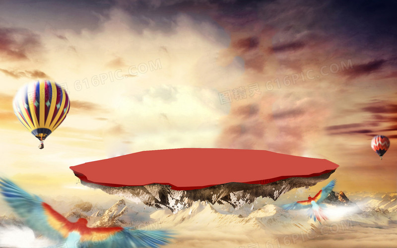 红色浮空岛热气球鹦鹉海报背景