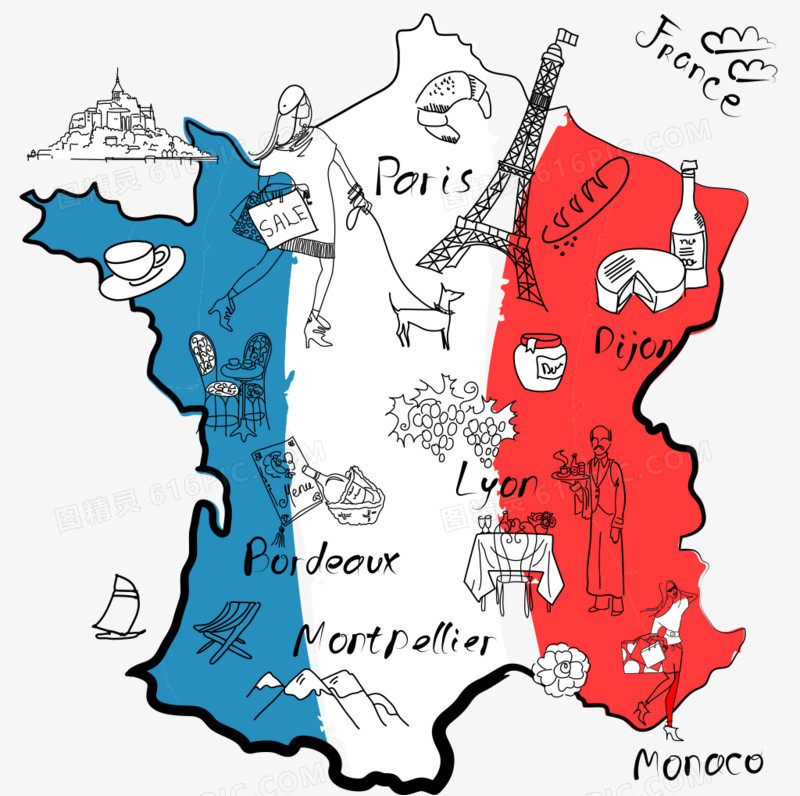 法国不同地区是著名的程式化的地图