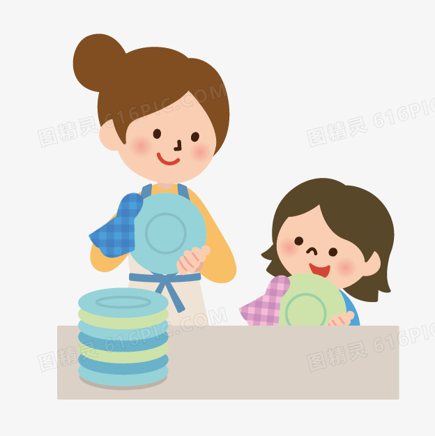 手绘人物图片手绘素材 妈妈和女孩洗盘子