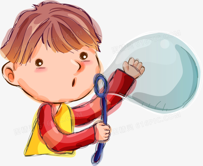手绘吹气泡可爱男孩