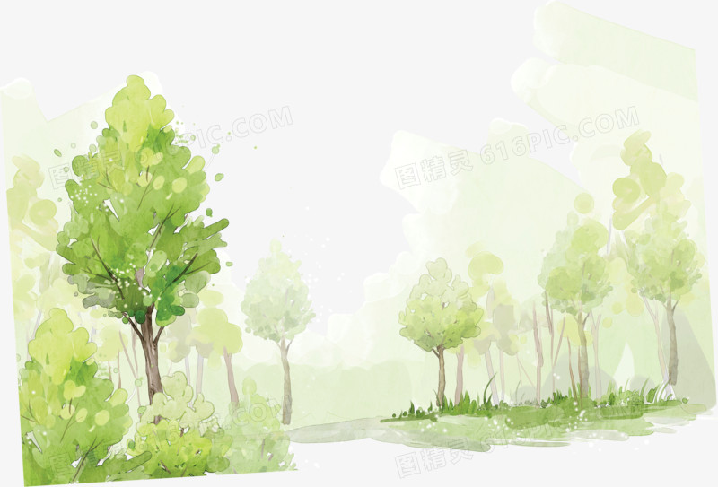 水墨淡彩绿树绿林