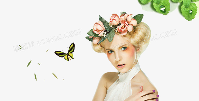 美女 美妆 绿色树叶 蝴蝶 背景装饰图案