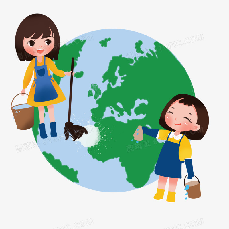 卡通手绘女孩儿打扫地球卫生免抠元素