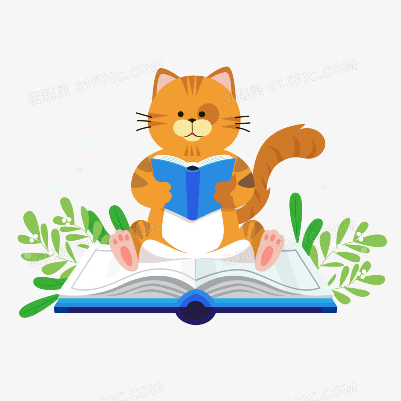 卡通手绘看书的猫咪免抠元素