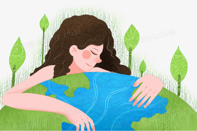 卡通手绘女孩拥抱地球免抠元素
