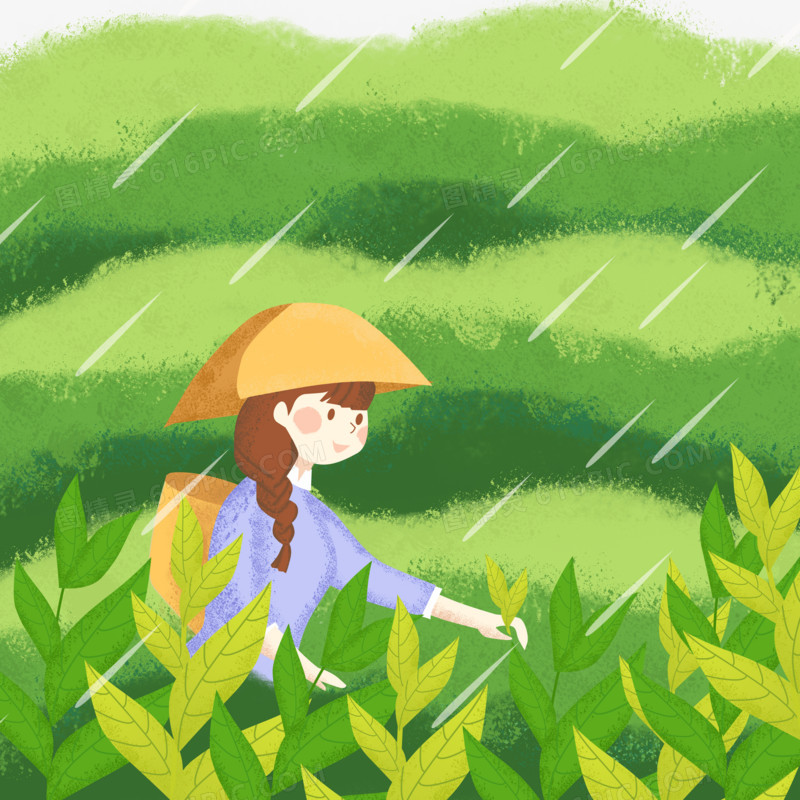 卡通手绘少女采摘谷雨茶场景元素