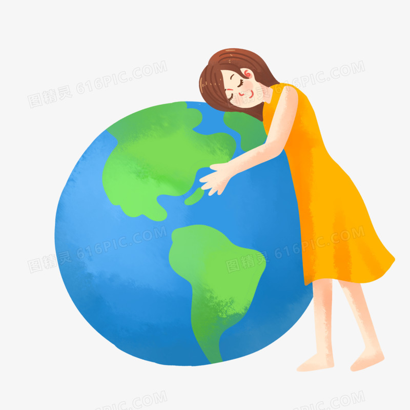手绘卡通少女拥抱地球素材