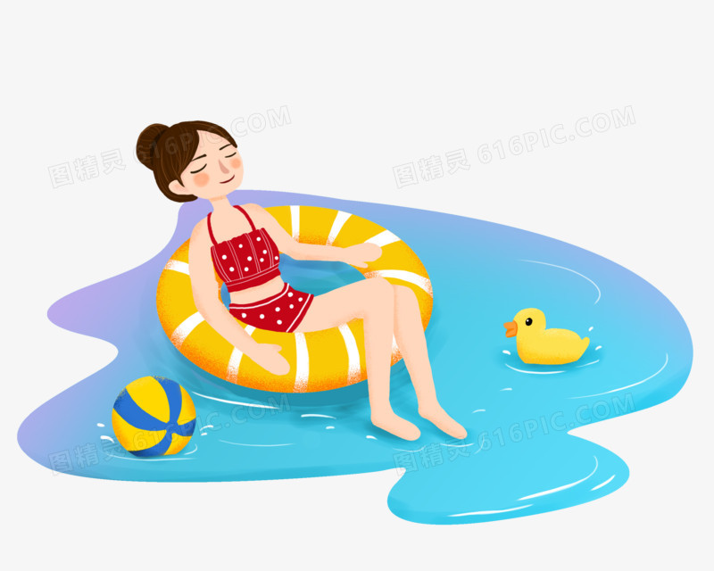 手绘卡通女孩在泳池休息免抠元素