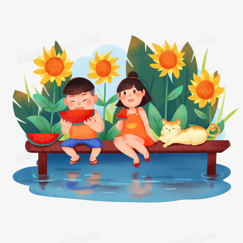 手绘卡通立夏男孩女孩在湖边吃瓜场景免抠素材