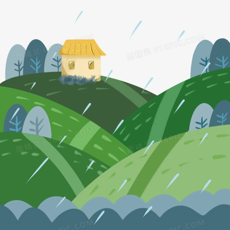 下雨的田野素材插画元素