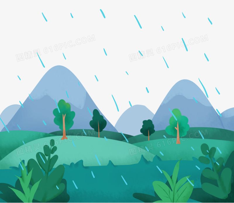 手绘卡通下雨的田野场景免抠素材