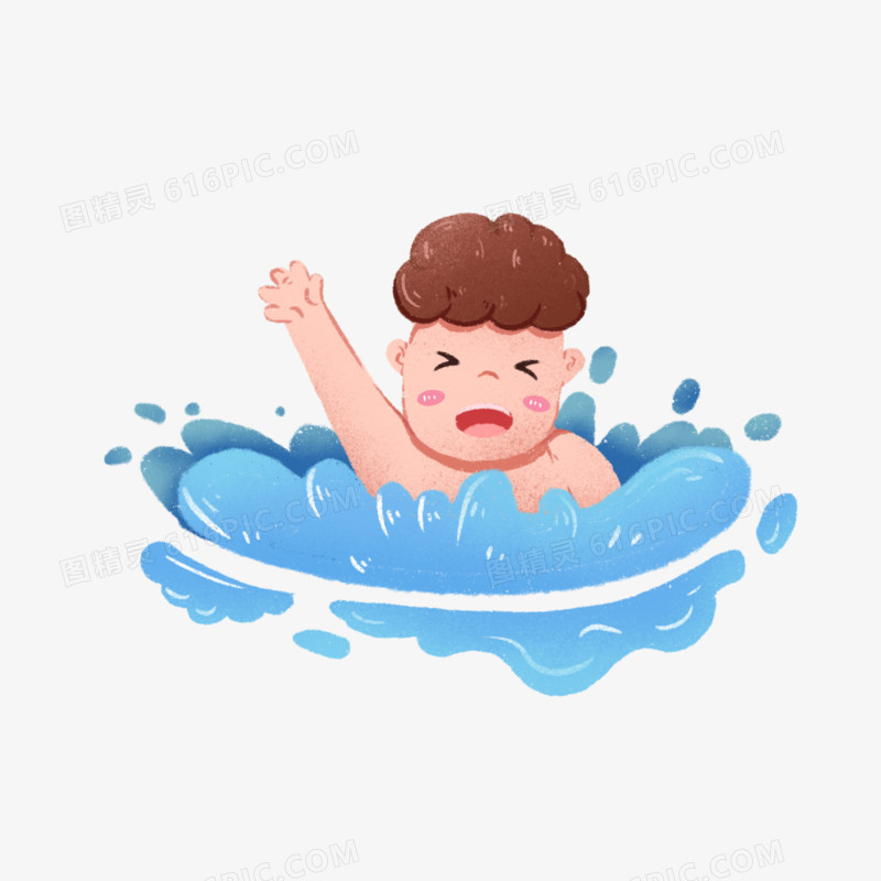 卡通手绘男孩游泳溺水元素