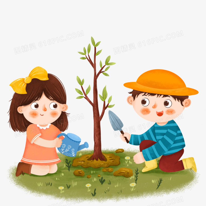 卡通手绘两个小朋友植树元素