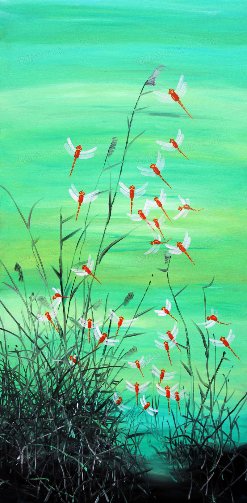 绿色芦苇红色蜻蜓动漫海报背景