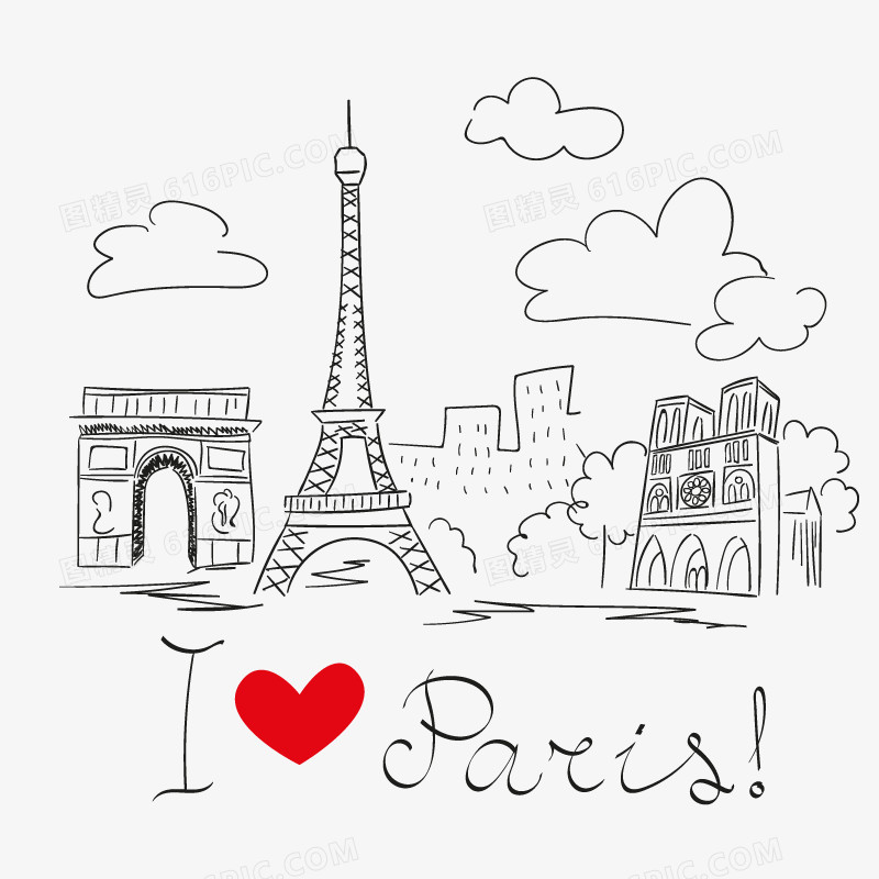 手绘巴黎著名建筑矢量素材图片图