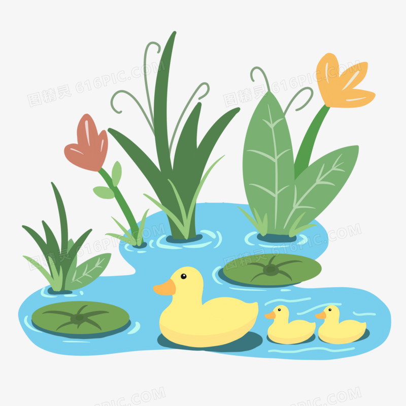 卡通手绘池塘黄色小鸭元素