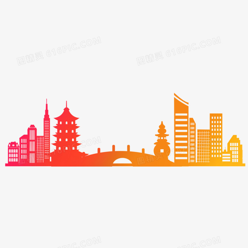 手绘杭州城市渐变科技剪影元素