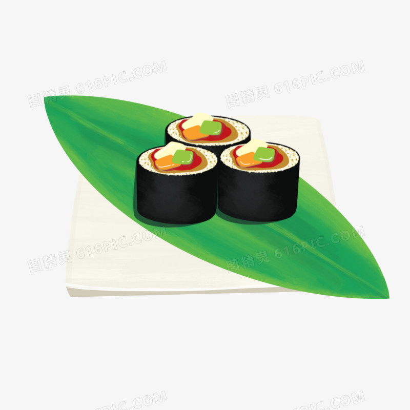 手绘叶子上的寿司插画元素