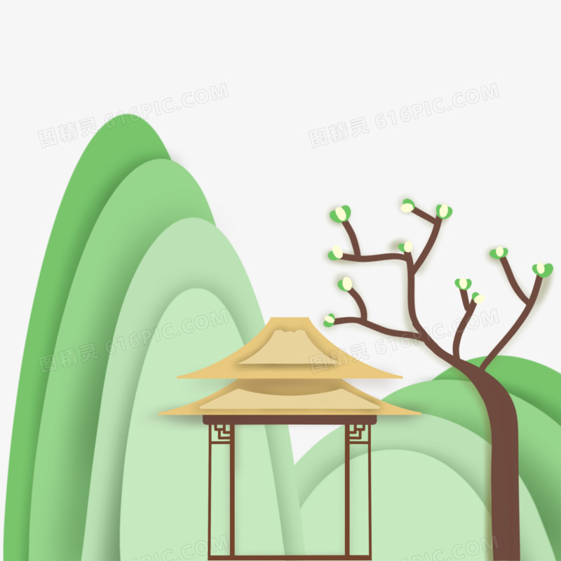 手绘中国风剪纸青山凉亭树木免抠素材
