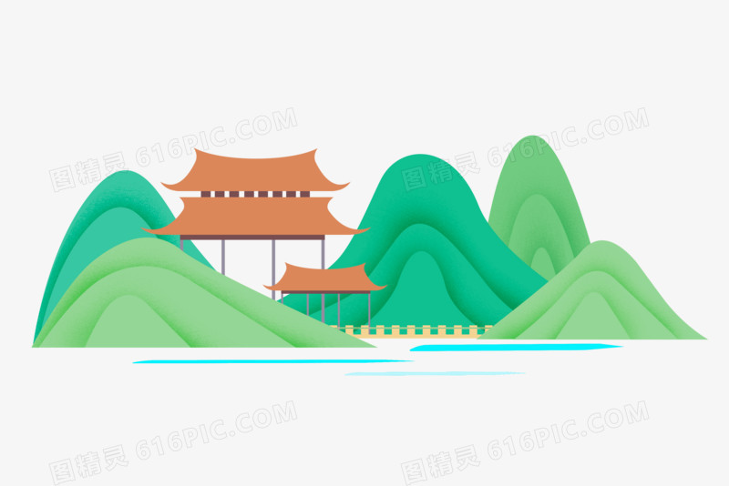 手绘中国风剪纸山水古建筑元素