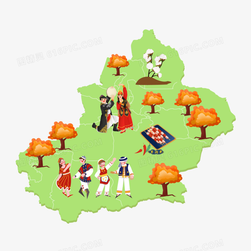 手绘创意新疆地图元素