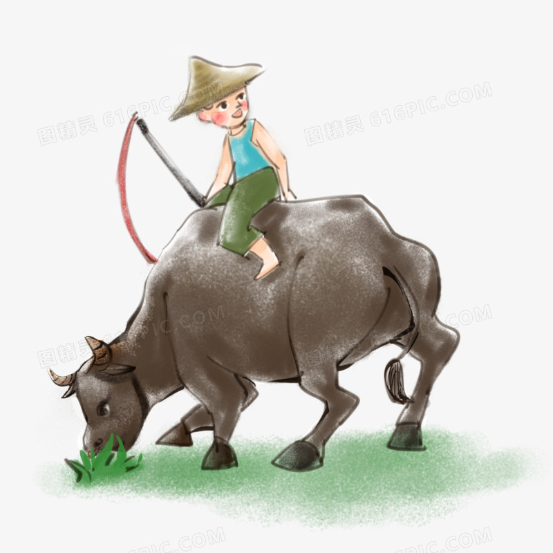 手绘牧童骑牛插画元素