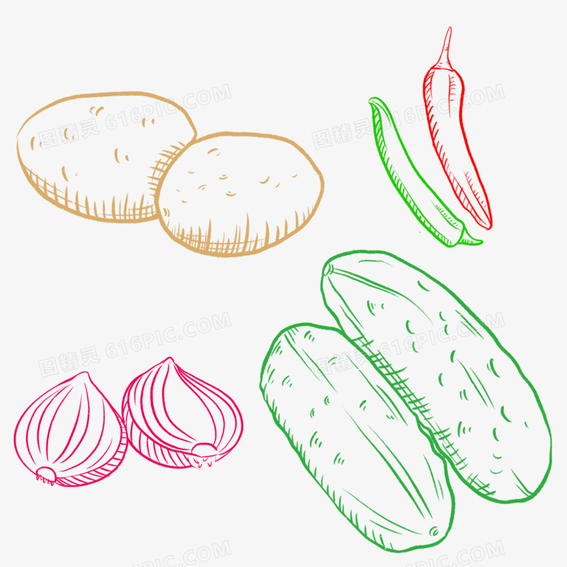 一组卡通手绘线描蔬菜合集元素