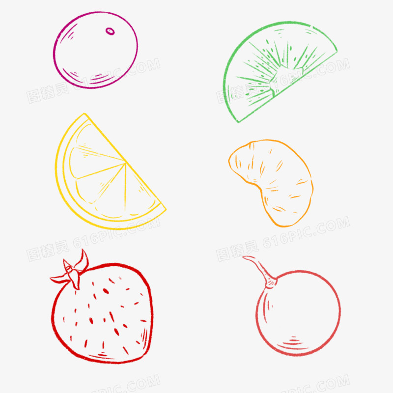 一组卡通手绘线描水果装饰素材