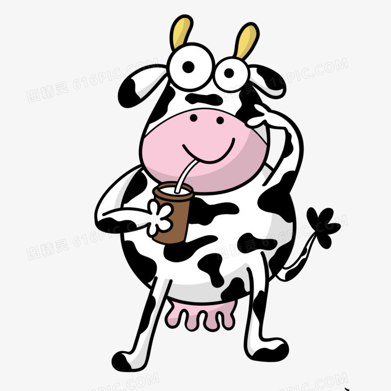 手绘一只开心的奶牛喝奶比耶素材